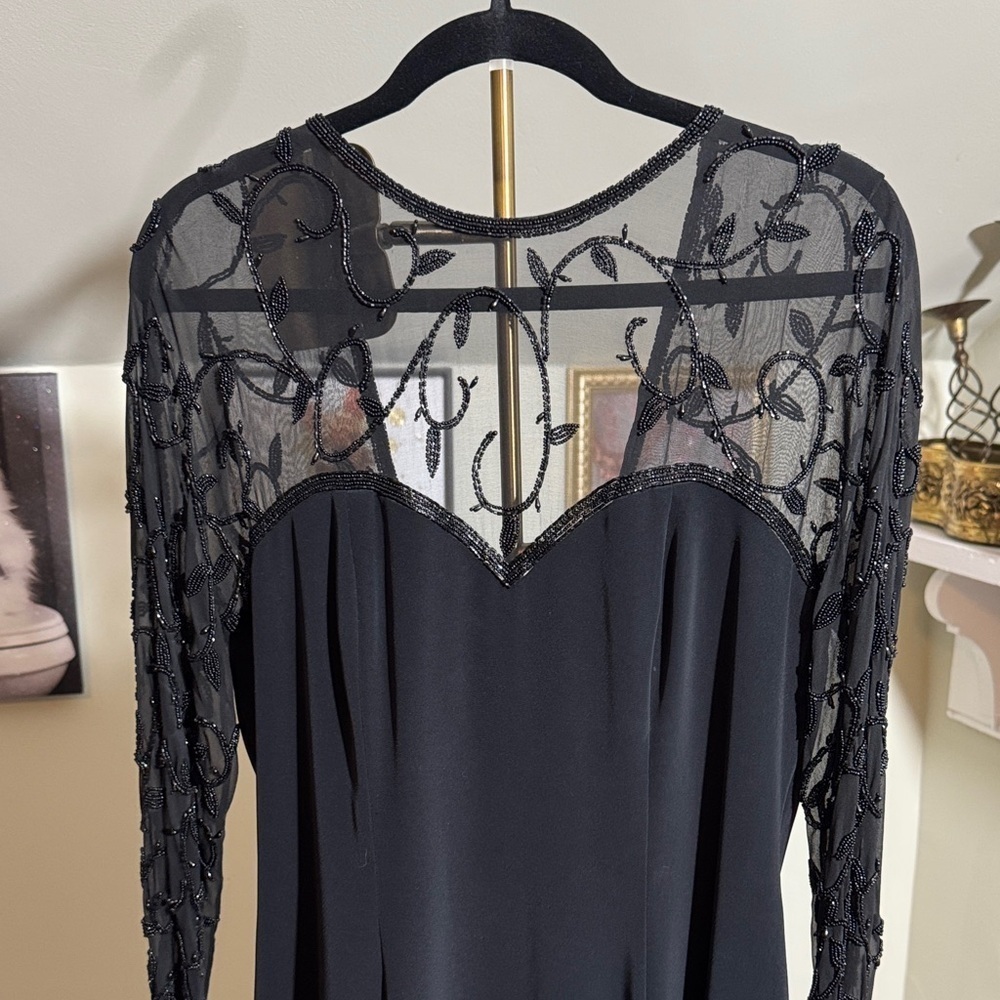 Vintage EUC Oleg Cassini Black Long Sleeve Semi Sheer Beaded Dress Low Cut Back - Picture 8 of 13